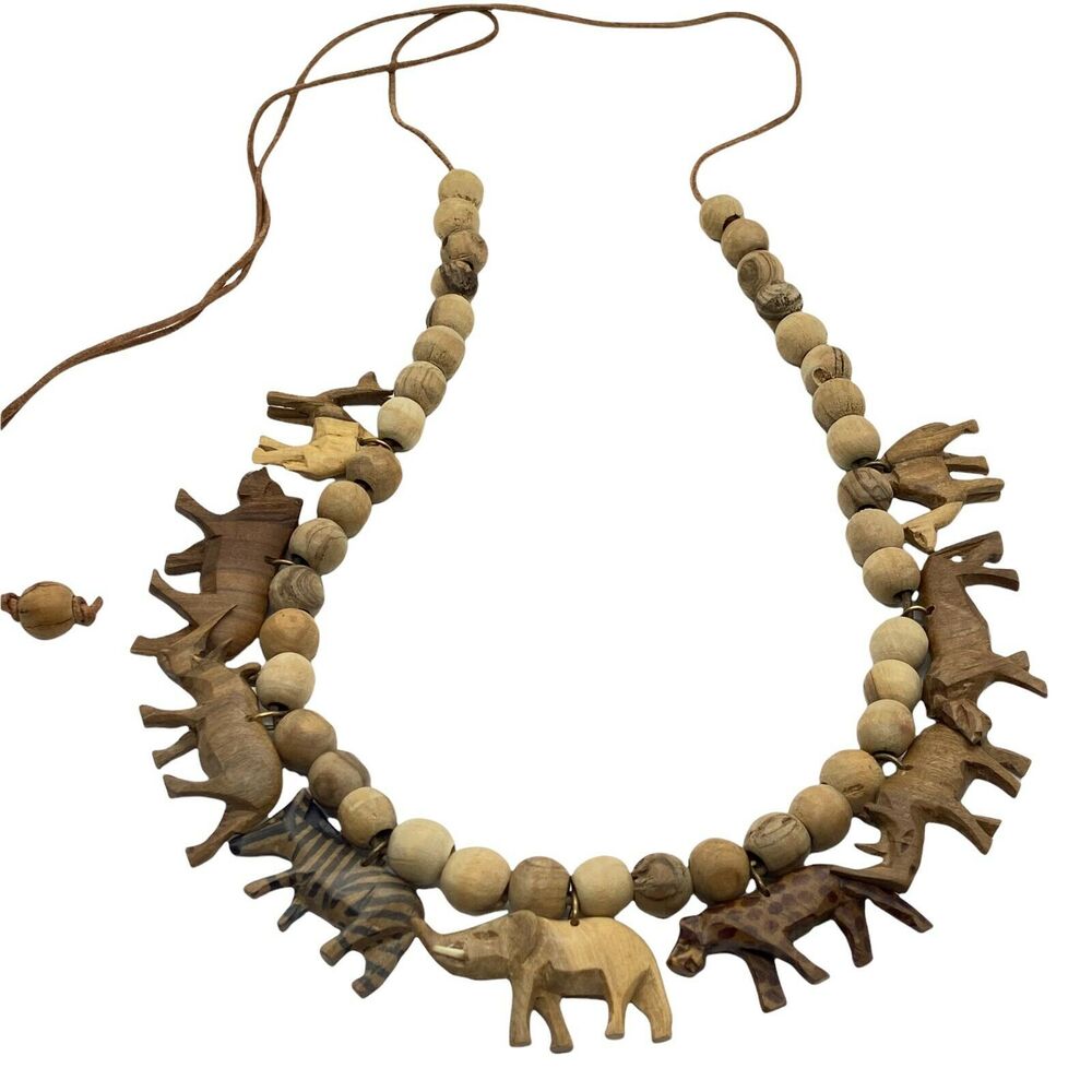 Leather Cord Wood Beaded Necklace Belt Vintage Primitive Carved Animals Boho
